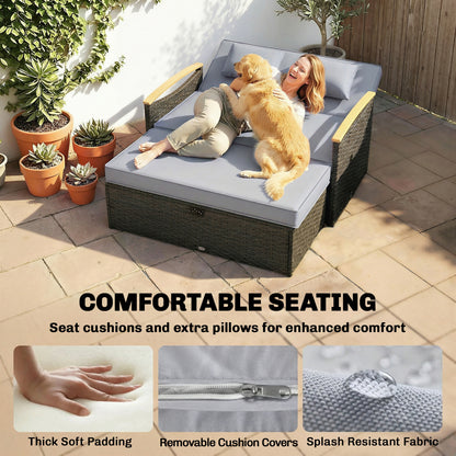 Double Rattan Sunbed Lounger with Storage & Adjustable Backrest – Dark Grey