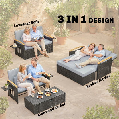 Double Rattan Sunbed Lounger with Storage & Adjustable Backrest – Dark Grey