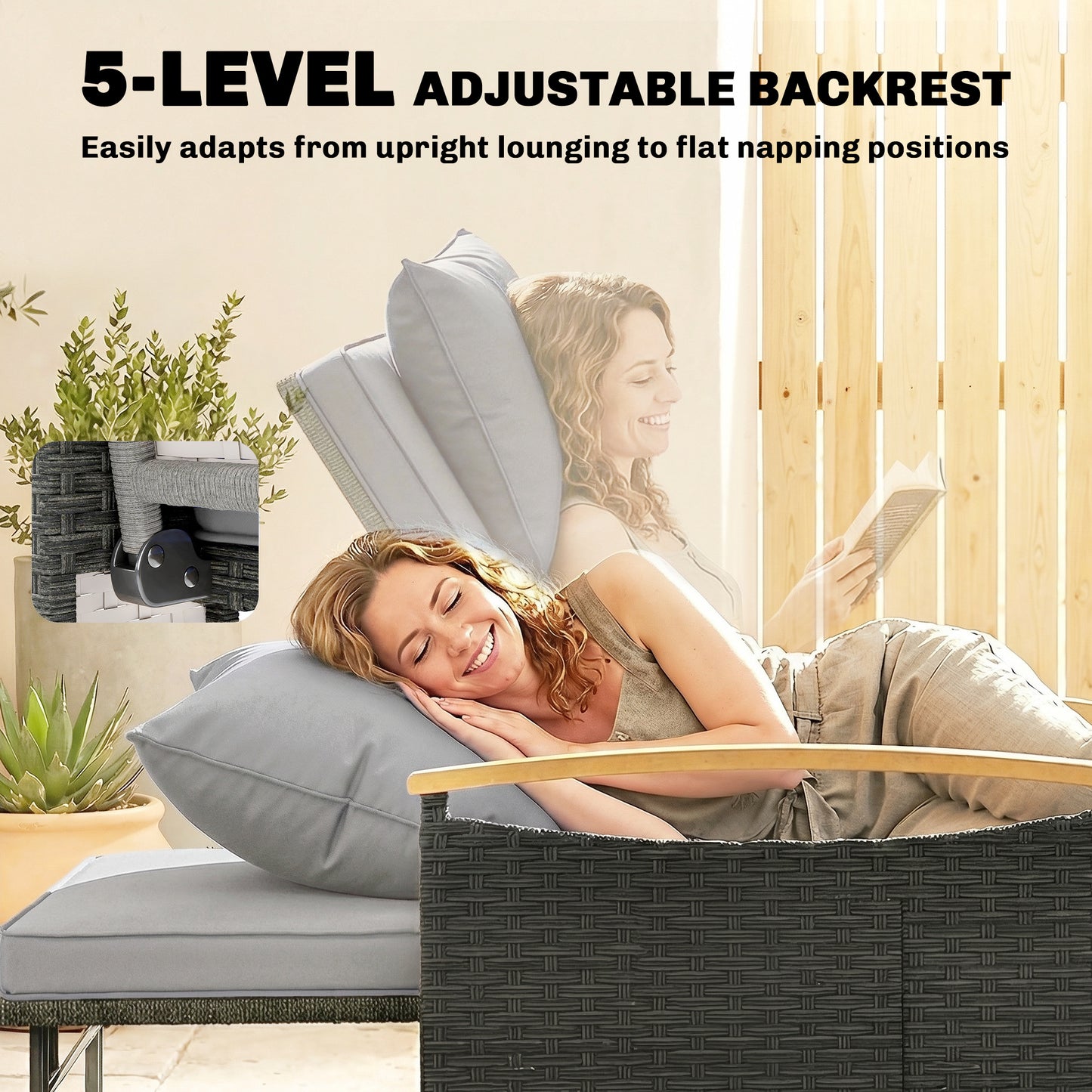 Double Rattan Sunbed Lounger with Storage & Adjustable Backrest – Dark Grey