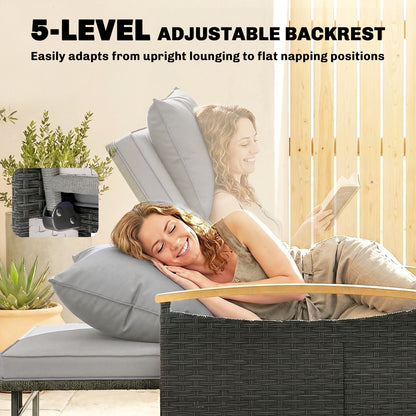 Double Rattan Sunbed Lounger with Storage & Adjustable Backrest – Dark Grey