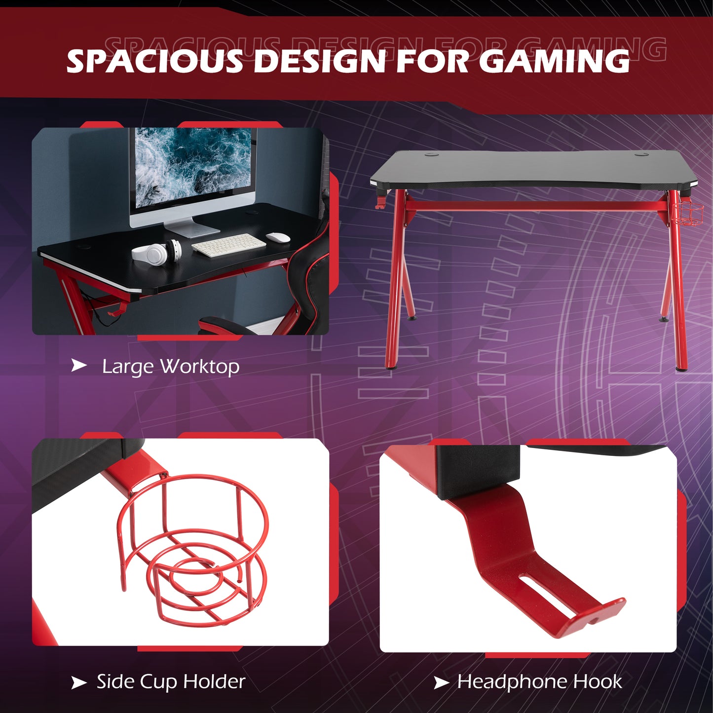Gaming Desk Computer Table w/ LED Light, Cup Holder Headphone Hook Red