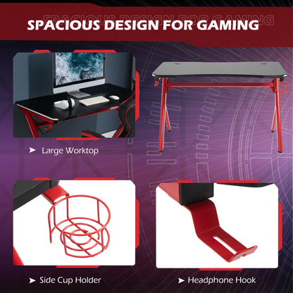 Gaming Desk Computer Table w/ LED Light, Cup Holder Headphone Hook Red