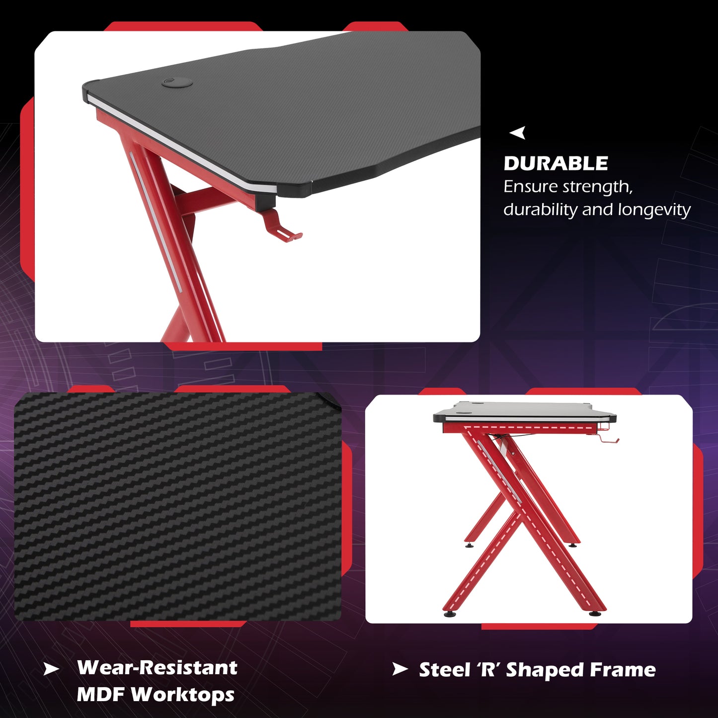 Gaming Desk Computer Table w/ LED Light, Cup Holder Headphone Hook Red