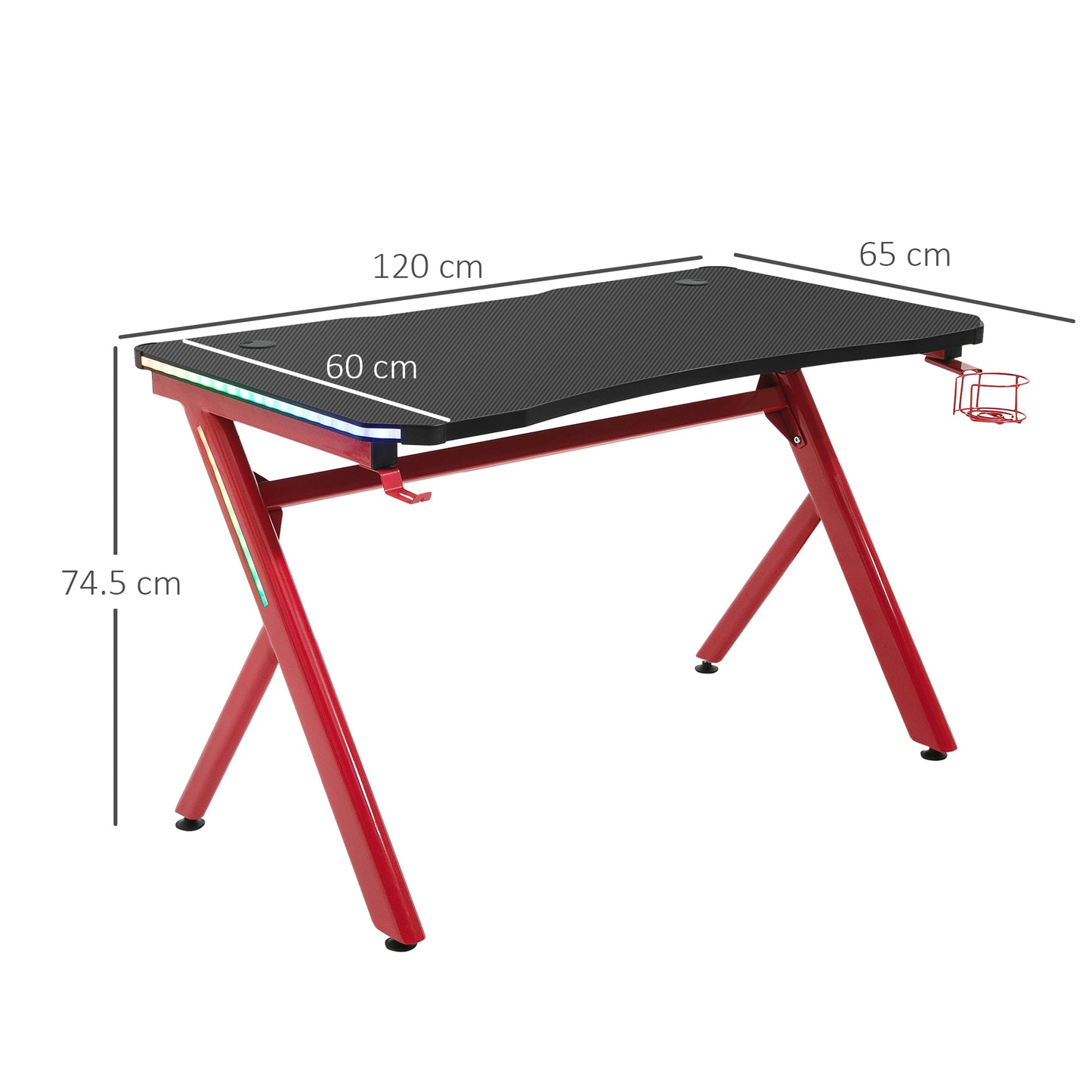 Gaming Desk Computer Table w/ LED Light, Cup Holder Headphone Hook Red