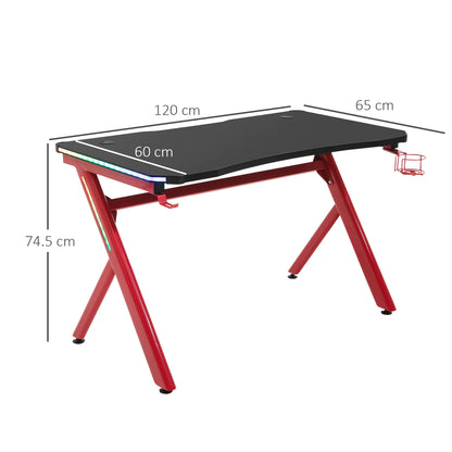 Gaming Desk Computer Table w/ LED Light, Cup Holder Headphone Hook Red