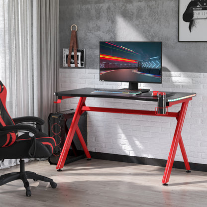 Gaming Desk Computer Table w/ LED Light, Cup Holder Headphone Hook Red