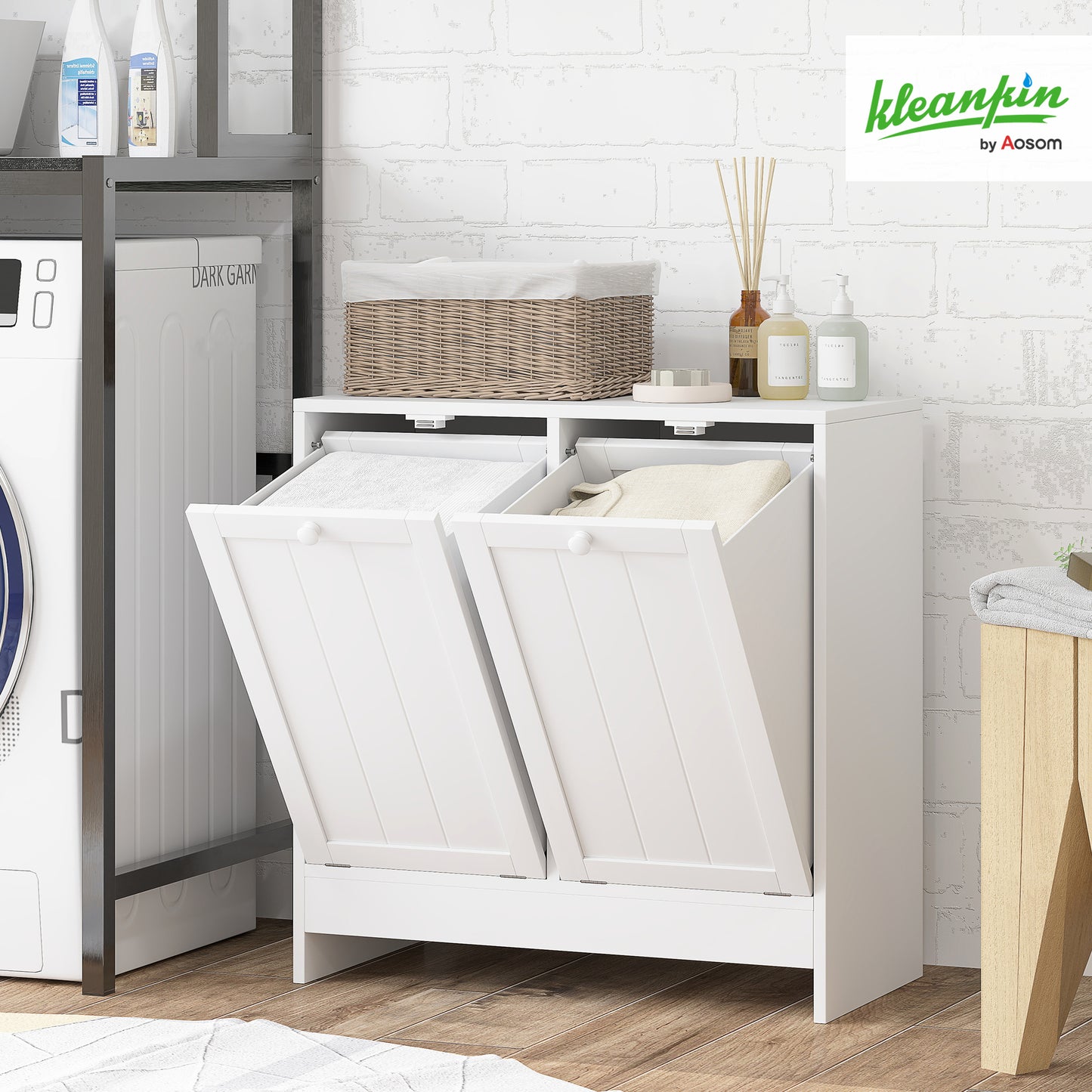 kleankin Tilt-out Laundry Storage Cabinet with 2 Compartment Hampers, White