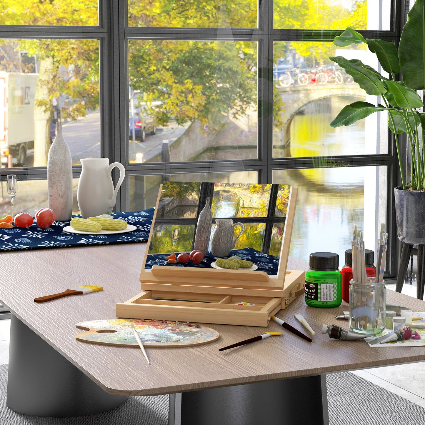 Wooden Table Easel Box with Storage Portable Folding Artist Easel