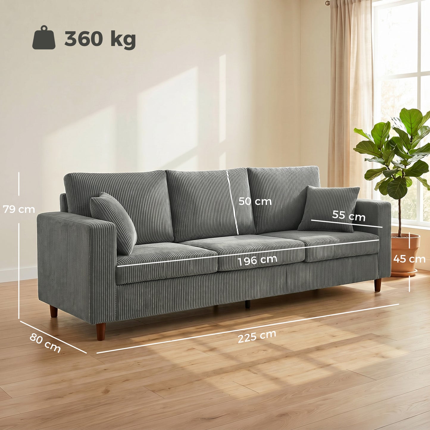 3 Seater Sofa with Wide Seat, Corduroy Upholstered, Light Grey