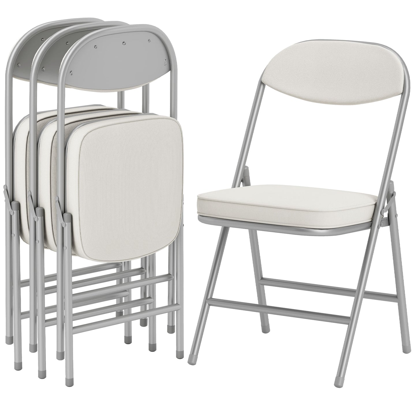 Folding Chairs Set of 4 with Cushioned Seat, Steel Frame, Off-White
