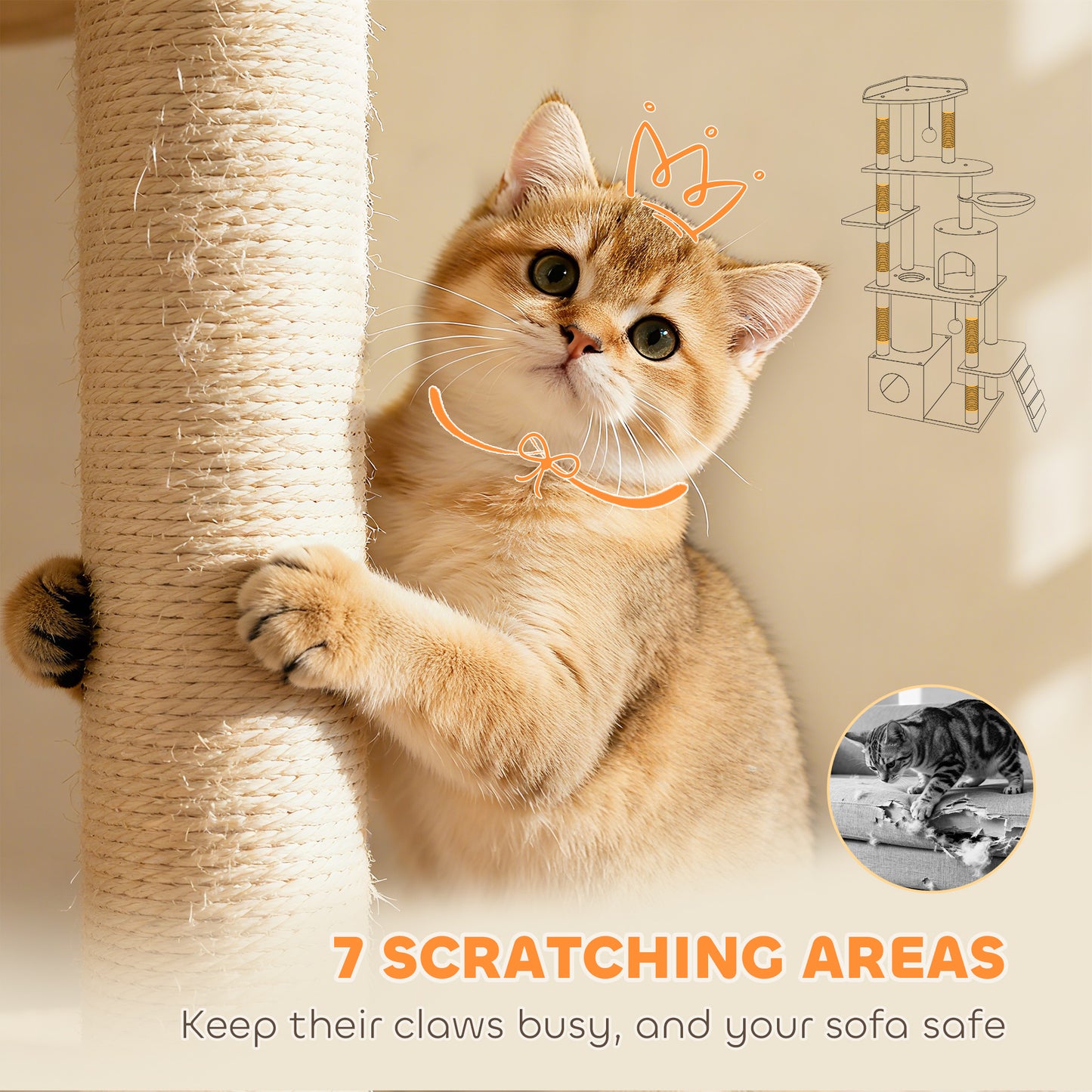 170 cm Cat Tree, Large Cat Tower with 7 Scratching Posts, Light Grey