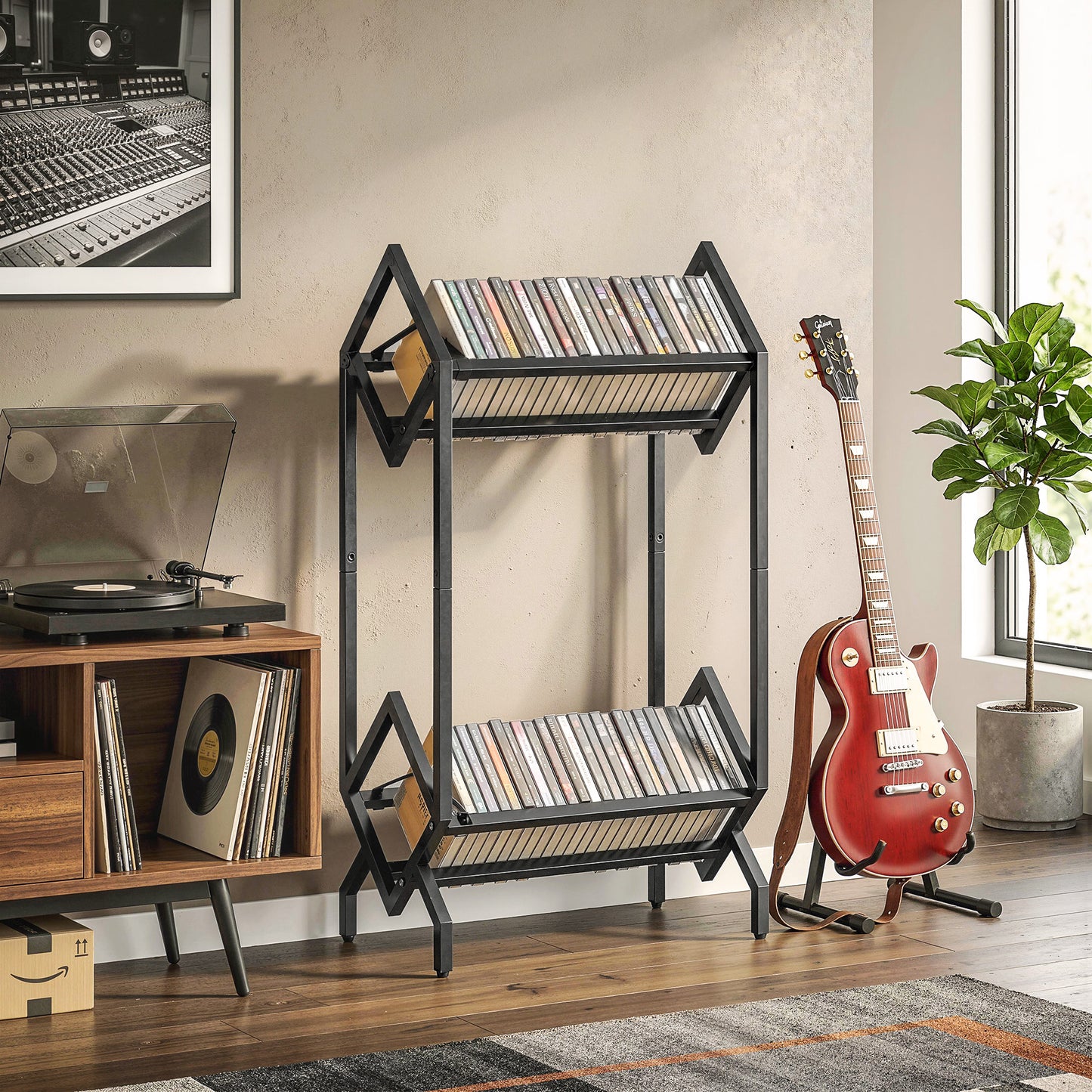 50 CD Storage Rack, 2-Tier Metal Display Rack for CDs, DVDs, Black