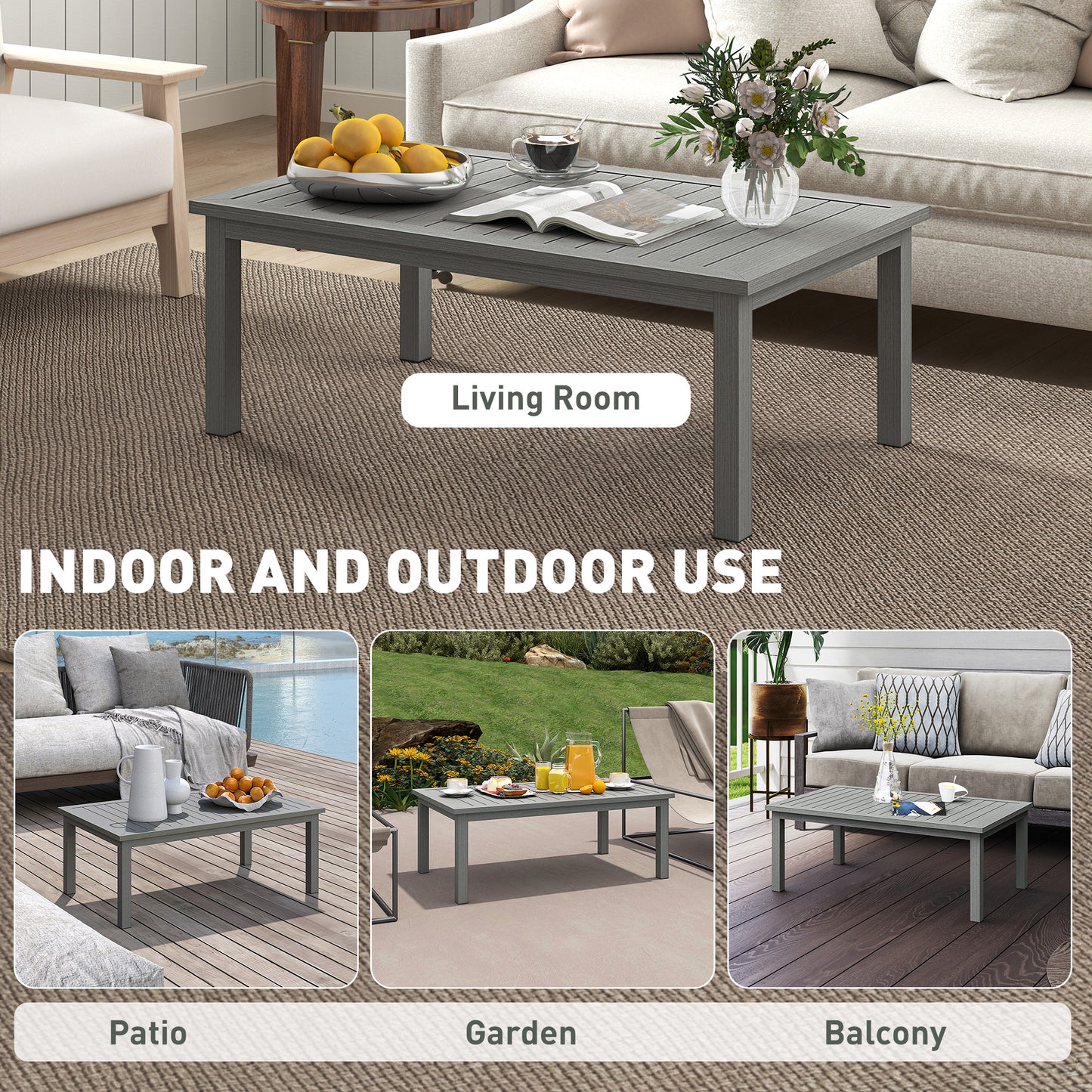 Aluminium Outdoor Coffee Table Patio Table w/ Grey Wood Grain Effect