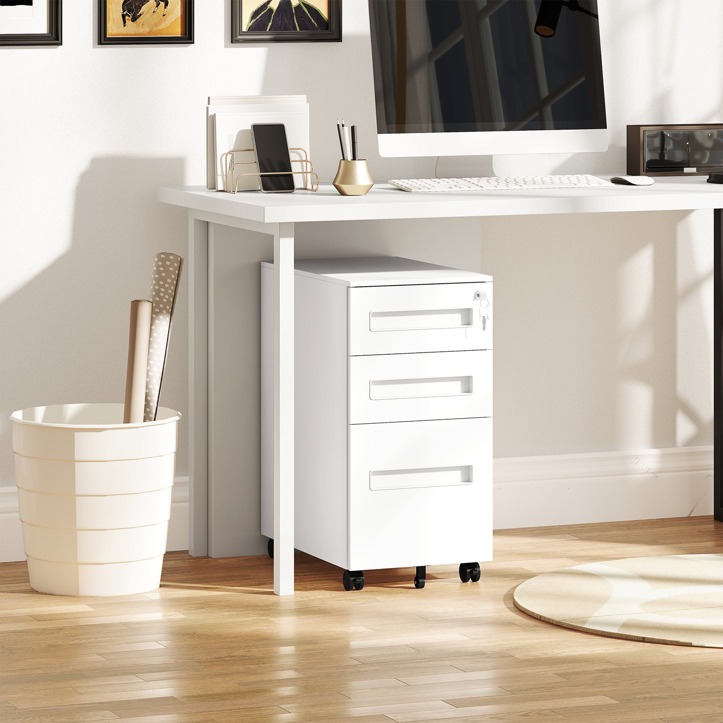 Lockable Mobile Filing Cabinet w/ 3 Drawers 30 x 43.5 x 60 cm White