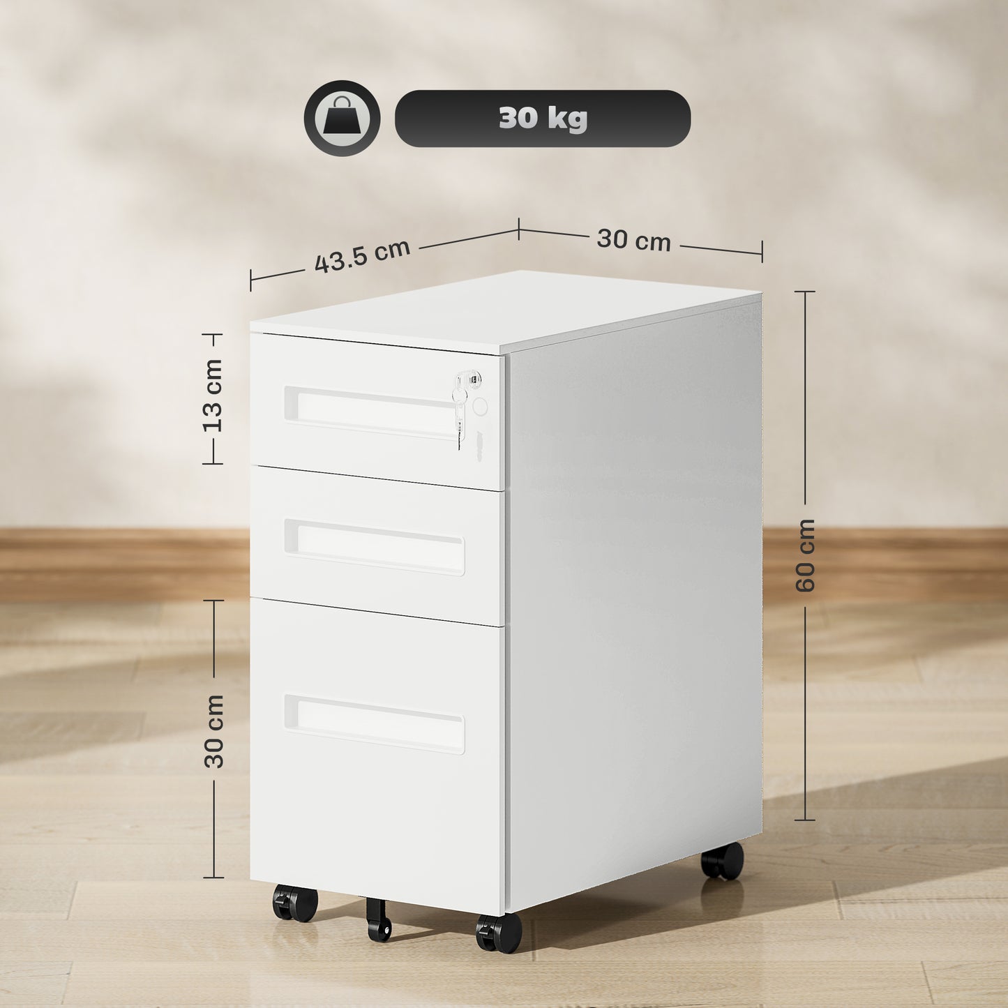Lockable Mobile Filing Cabinet w/ 3 Drawers 30 x 43.5 x 60 cm White