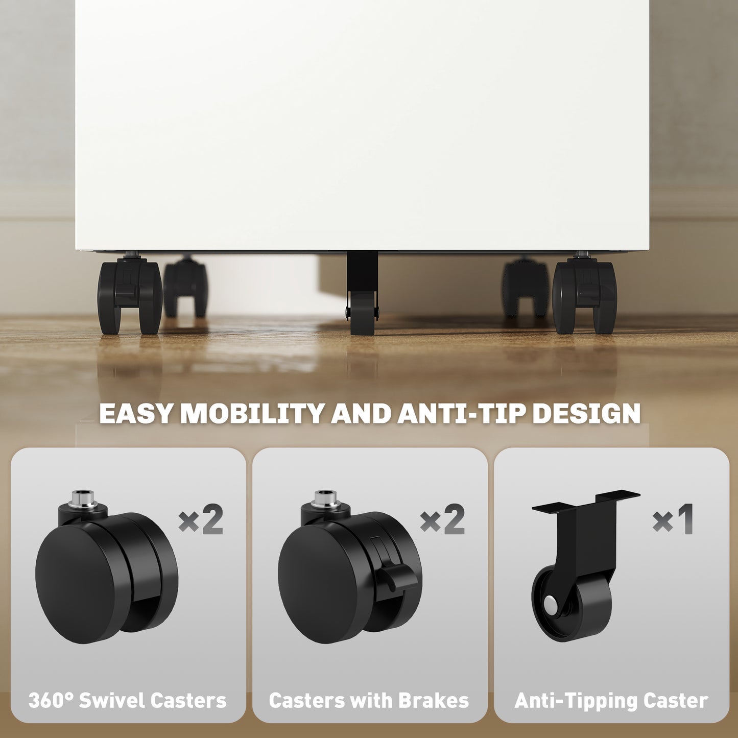 Lockable Mobile Filing Cabinet w/ 3 Drawers 30 x 43.5 x 60 cm White