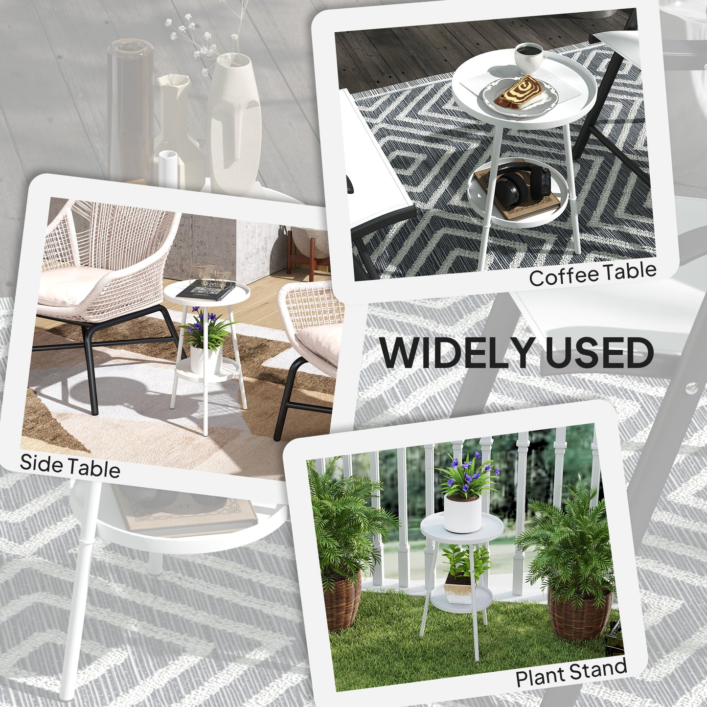 Round Garden Table, 2-Tier Metal Patio Table Coffee Table, White