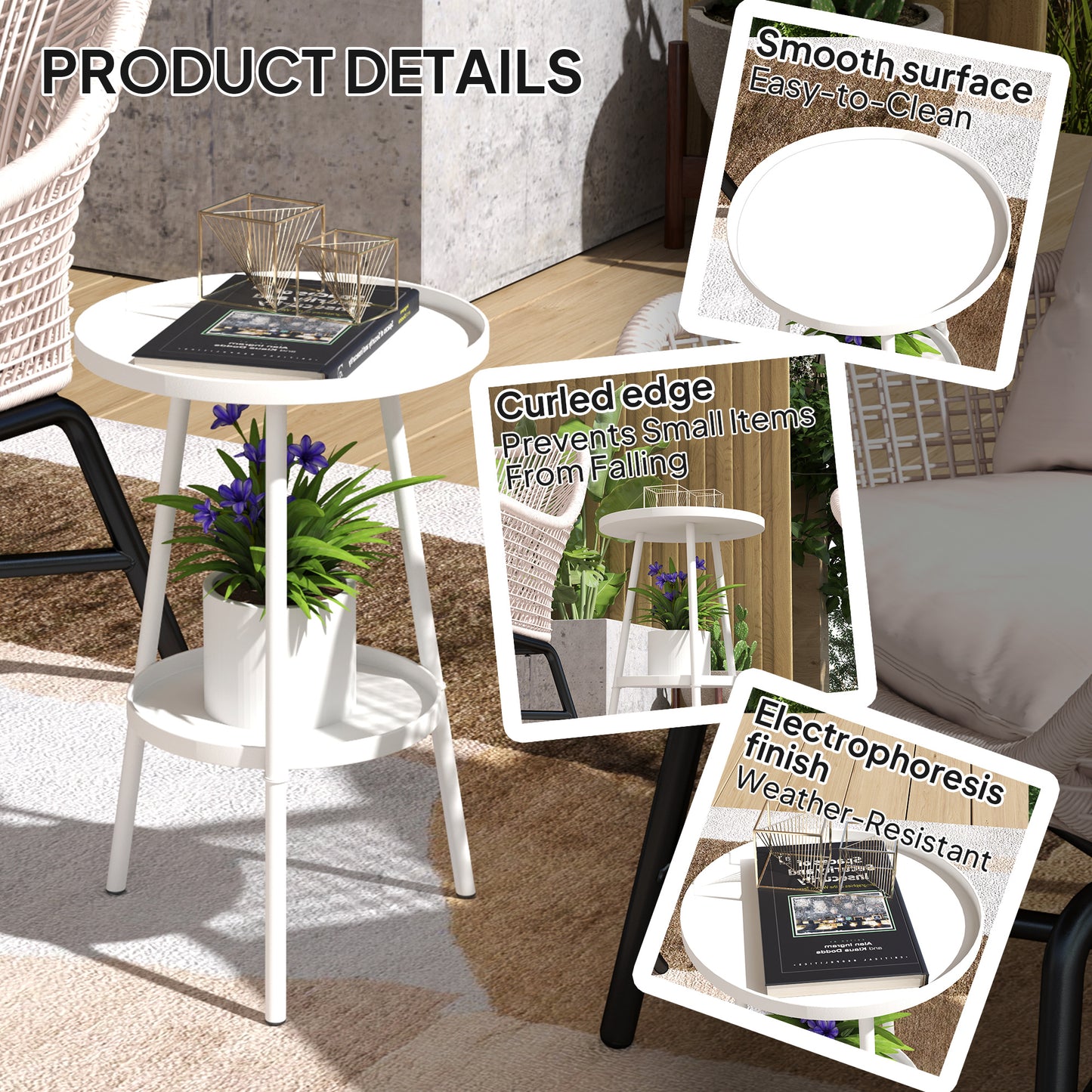 Round Garden Table, 2-Tier Metal Patio Table Coffee Table, White