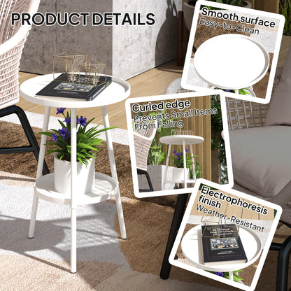 Round Garden Table, 2-Tier Metal Patio Table Coffee Table, White