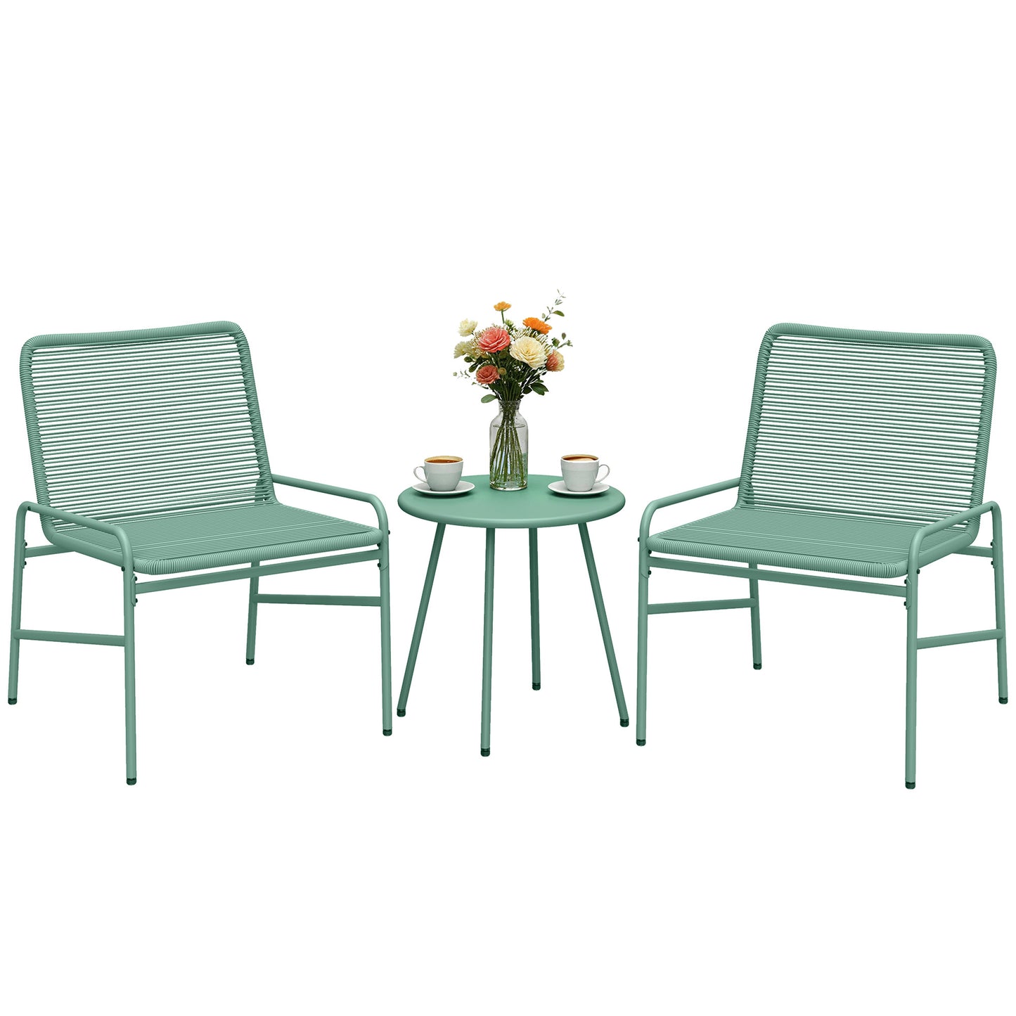 Rattan Bistro Set with 2 Chairs & Round Table for Patio, Green
