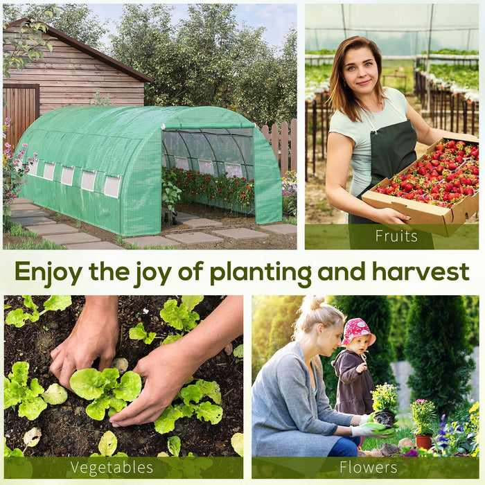 Polytunnel Greenhouse Walk-in Grow House Tent with Roll-up Sidewalls, Zipped Door and 12 Windows, 6x3x2m Green