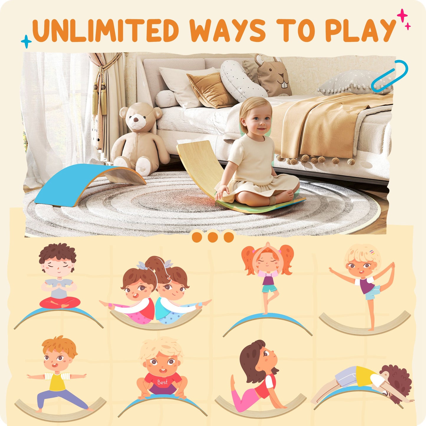 Wooden Balance Board for Kids, Wobble Board with Felt, Blue