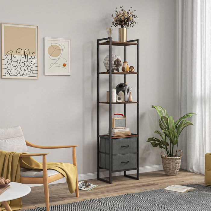 Industrial Bookcase 4-Tier Storage Shelf with 2 Fabric Drawers and Metal Frame for Living Room, Bedroom, Rustic Brown