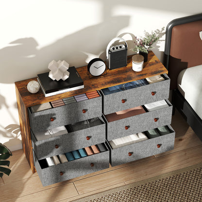 Chest of Drawers, 6 Drawer Dresser for Bedroom, Grey and Rustic Brown