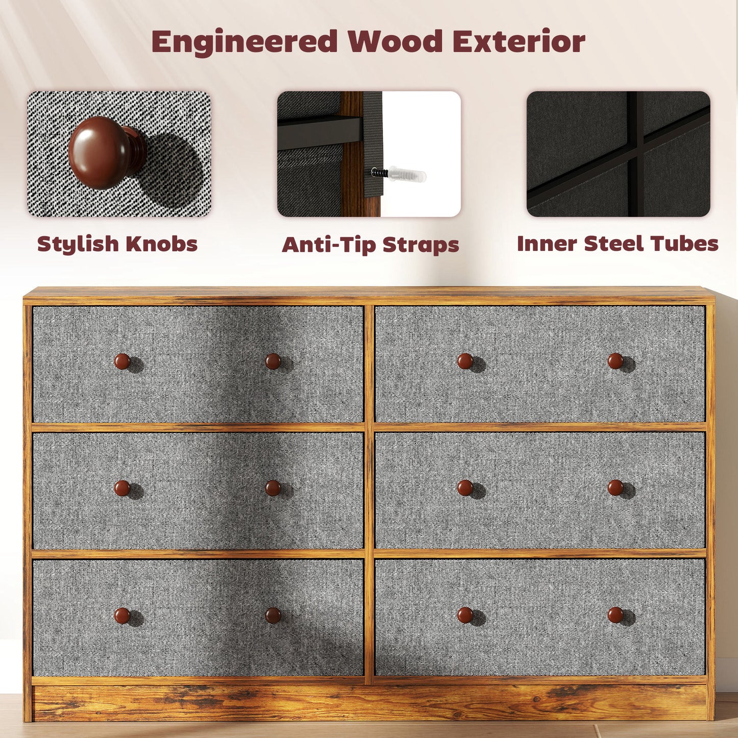 Chest of Drawers, 6 Drawer Dresser for Bedroom, Grey and Rustic Brown