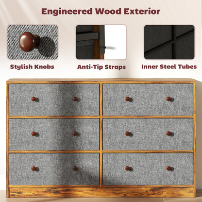 Chest of Drawers, 6 Drawer Dresser for Bedroom, Grey and Rustic Brown