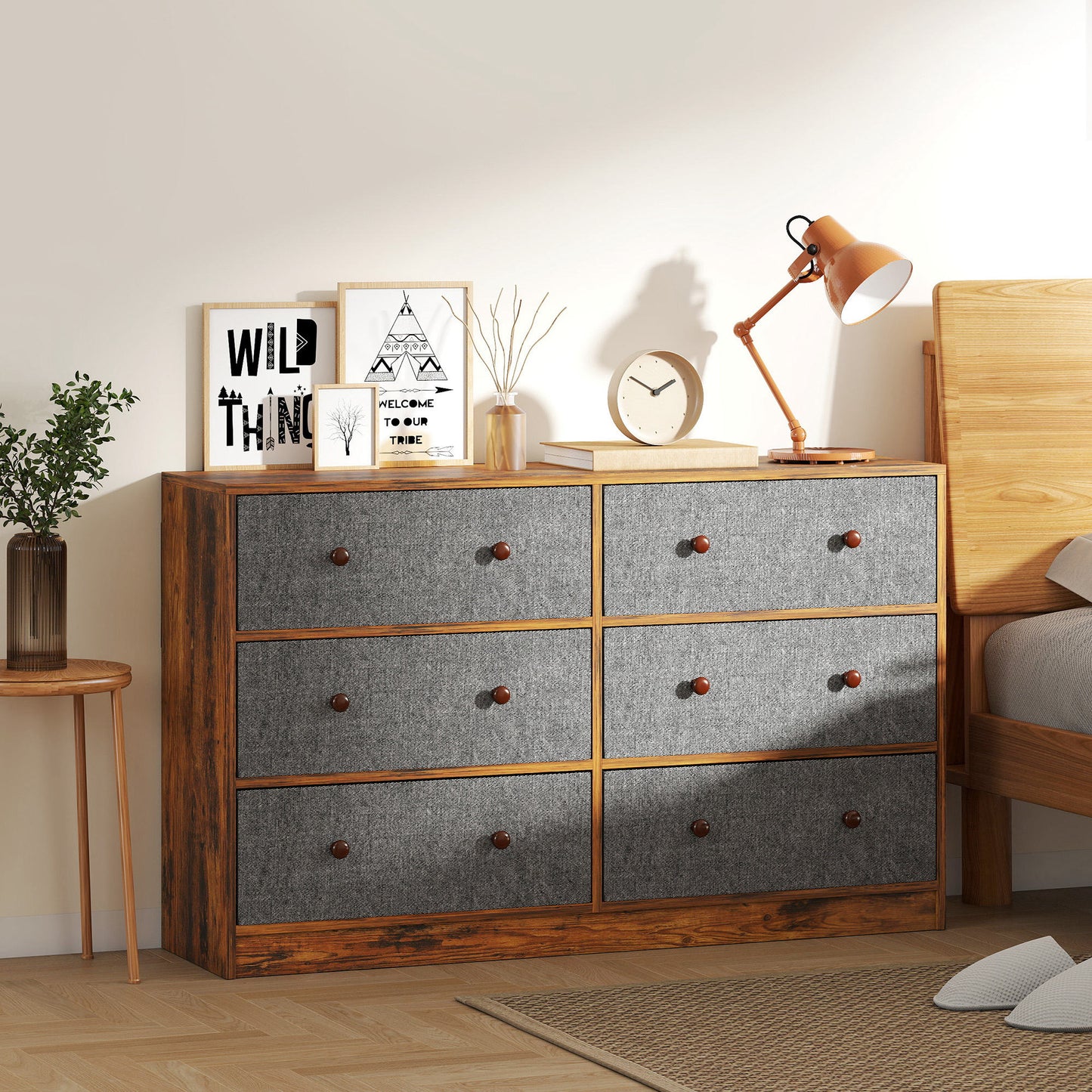 Chest of Drawers, 6 Drawer Dresser for Bedroom, Grey and Rustic Brown