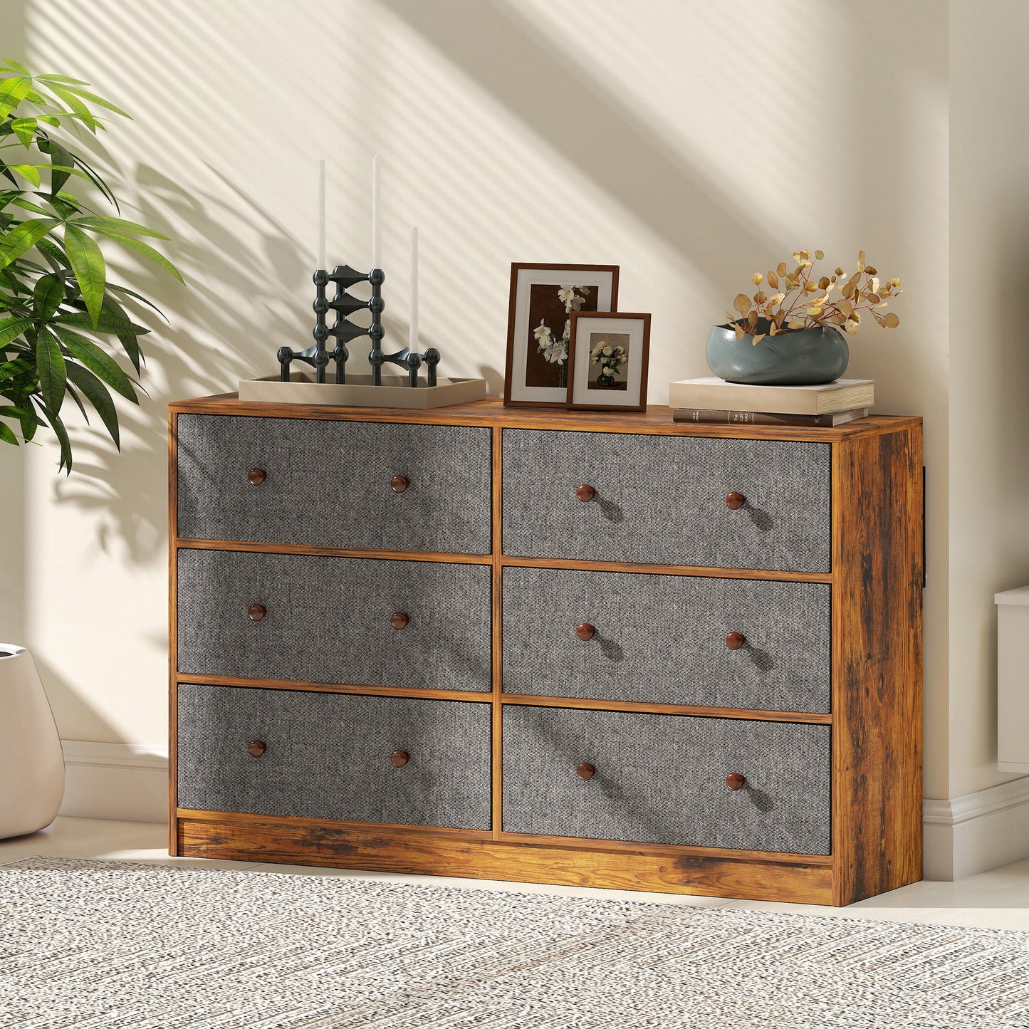 Chest of Drawers, 6 Drawer Dresser for Bedroom, Grey and Rustic Brown