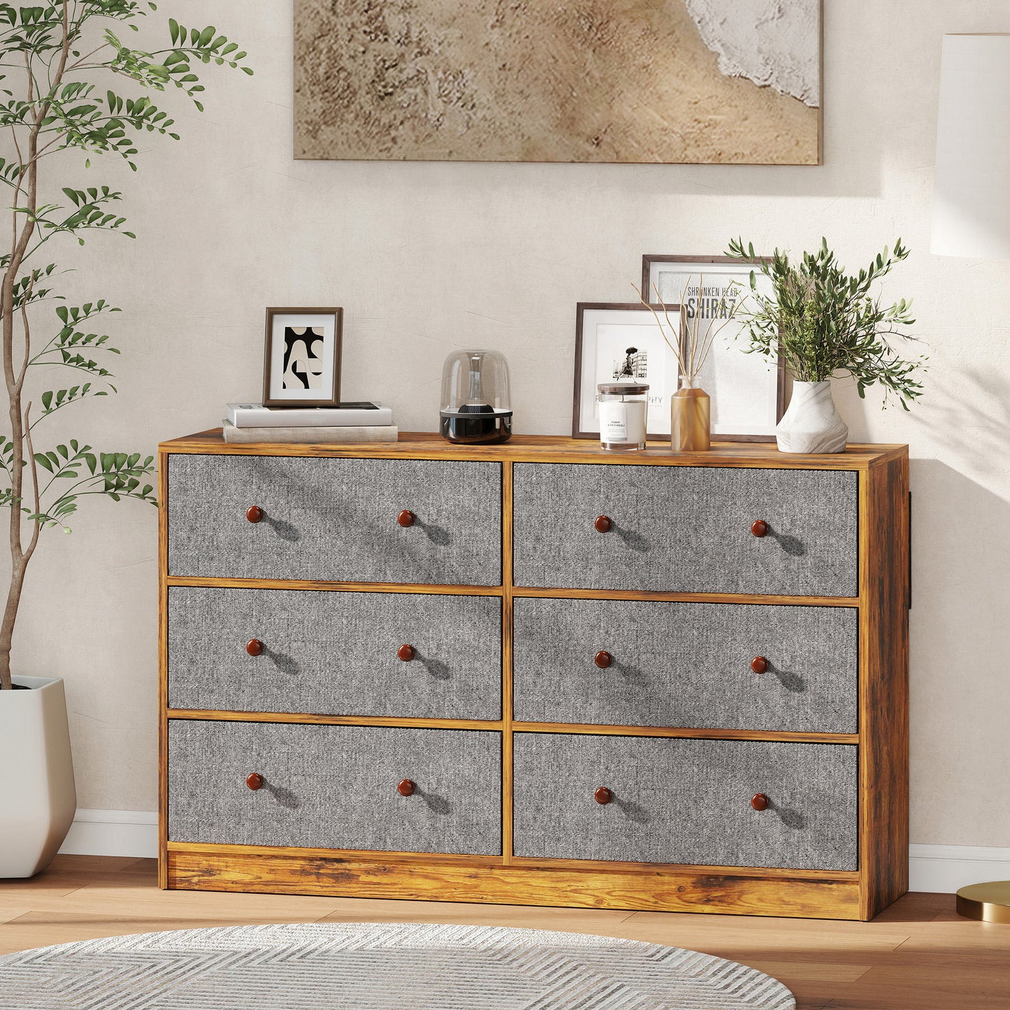 Chest of Drawers, 6 Drawer Dresser for Bedroom, Grey and Rustic Brown