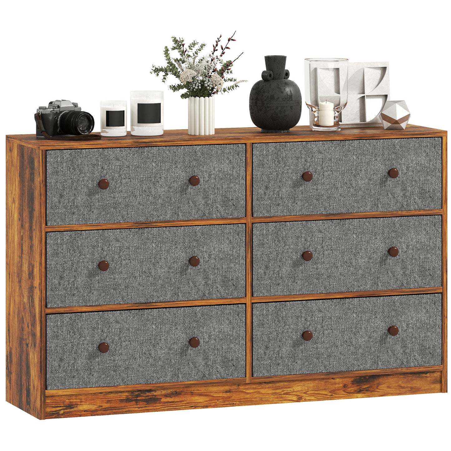 Chest of Drawers, 6 Drawer Dresser for Bedroom, Grey and Rustic Brown