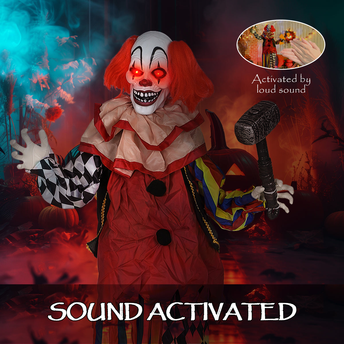 Sound Activated Halloween Animatronics Clown with Red Light Up Eyes
