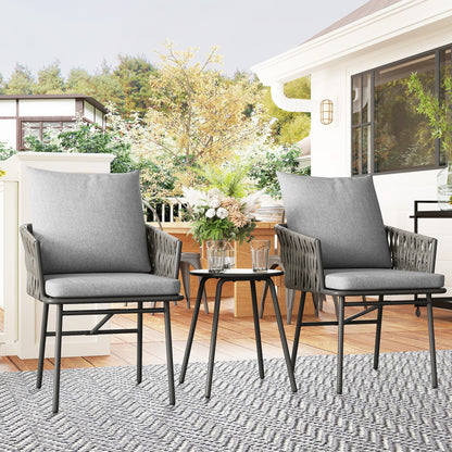 Rattan Bistro Set, Balcony Table and Chairs with 4 Cushions, Grey