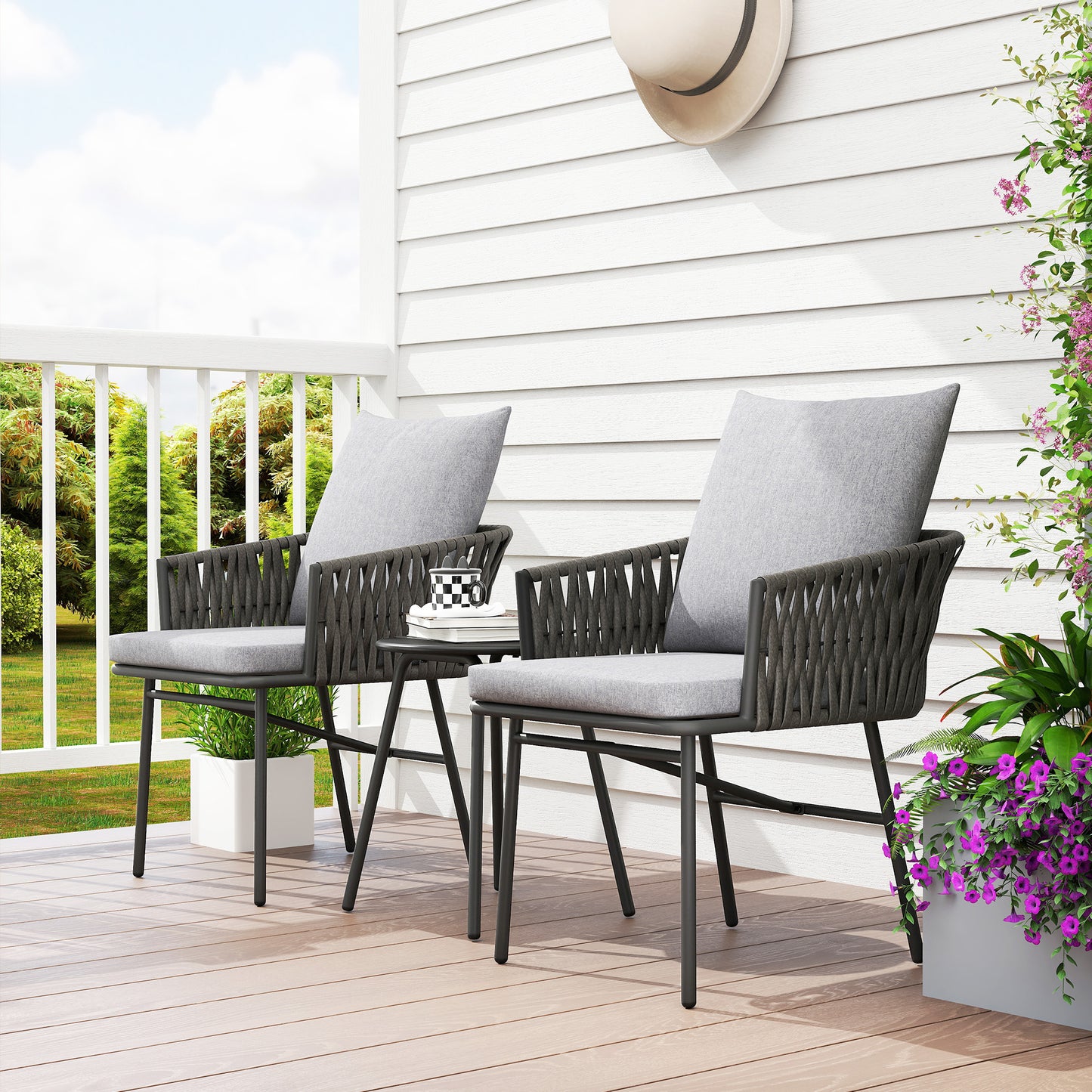 Rattan Bistro Set, Balcony Table and Chairs with 4 Cushions, Grey