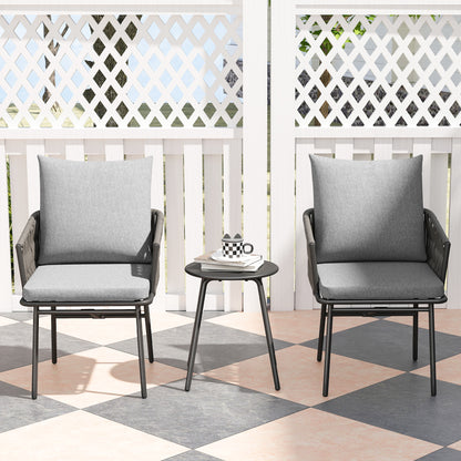 Rattan Bistro Set, Balcony Table and Chairs with 4 Cushions, Grey