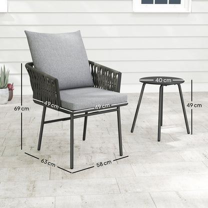 Rattan Bistro Set, Balcony Table and Chairs with 4 Cushions, Grey