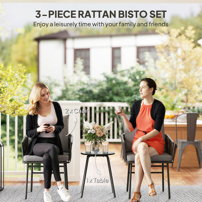 Rattan Bistro Set, Balcony Table and Chairs with 4 Cushions, Grey