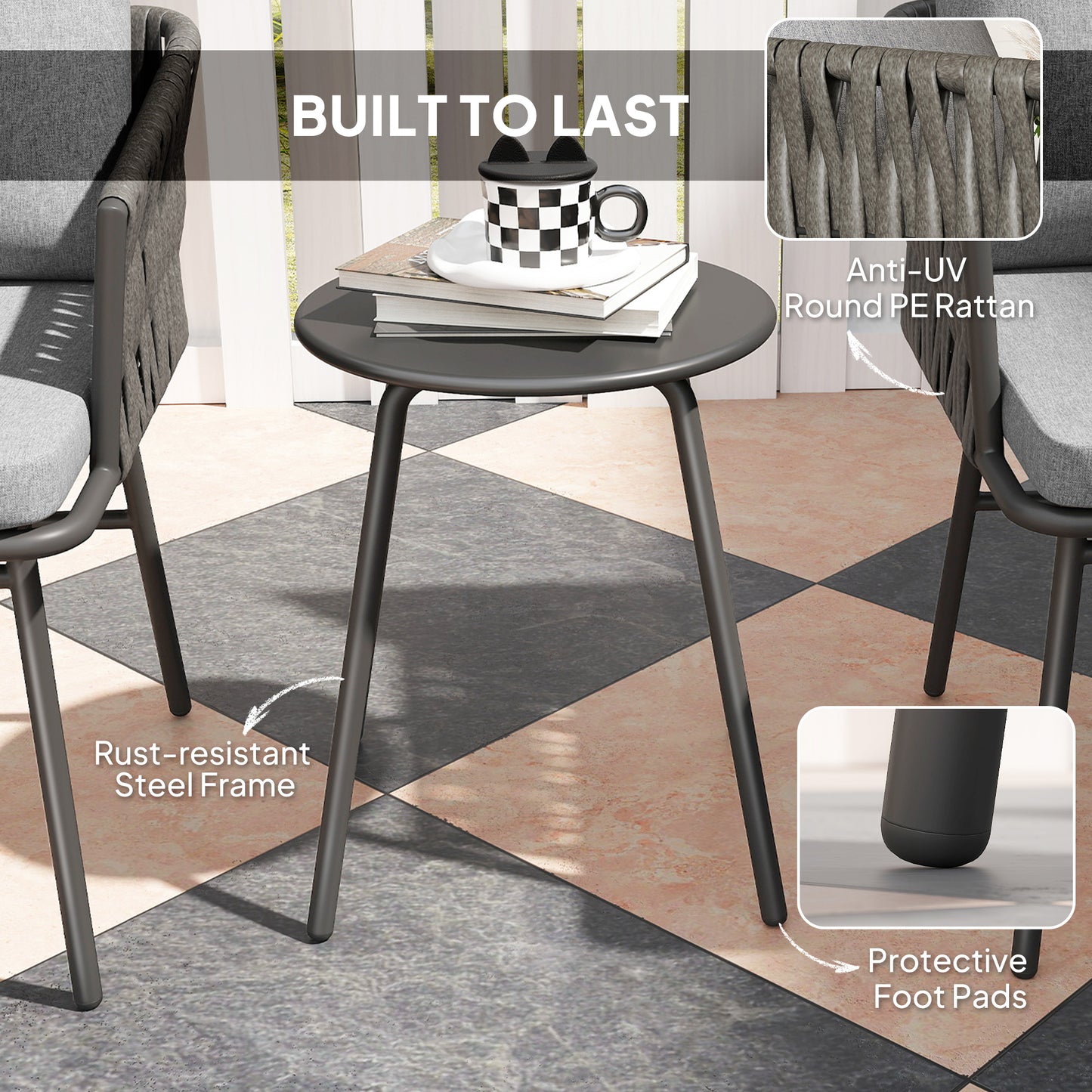 Rattan Bistro Set, Balcony Table and Chairs with 4 Cushions, Grey