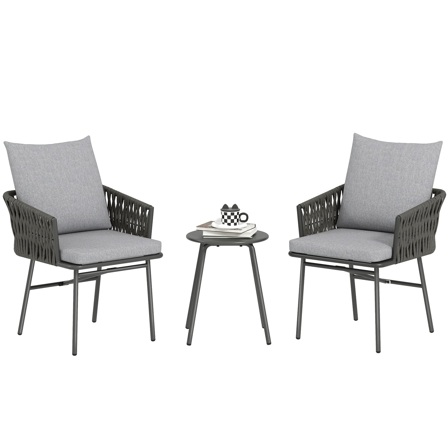 Rattan Bistro Set, Balcony Table and Chairs with 4 Cushions, Grey