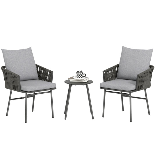 Rattan Bistro Set, Balcony Table and Chairs with 4 Cushions, Grey