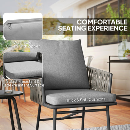 Rattan Bistro Set, Balcony Table and Chairs with 4 Cushions, Grey