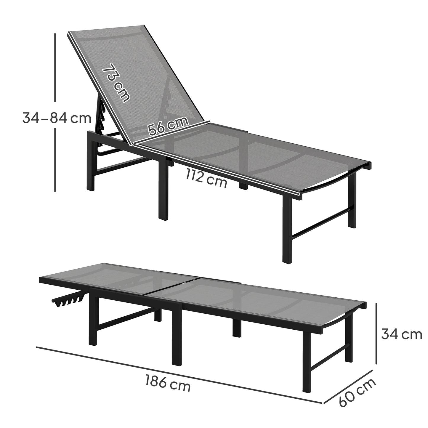 Sun Loungers Set of 2, 5-Level Reclining Sunbeds, Grey