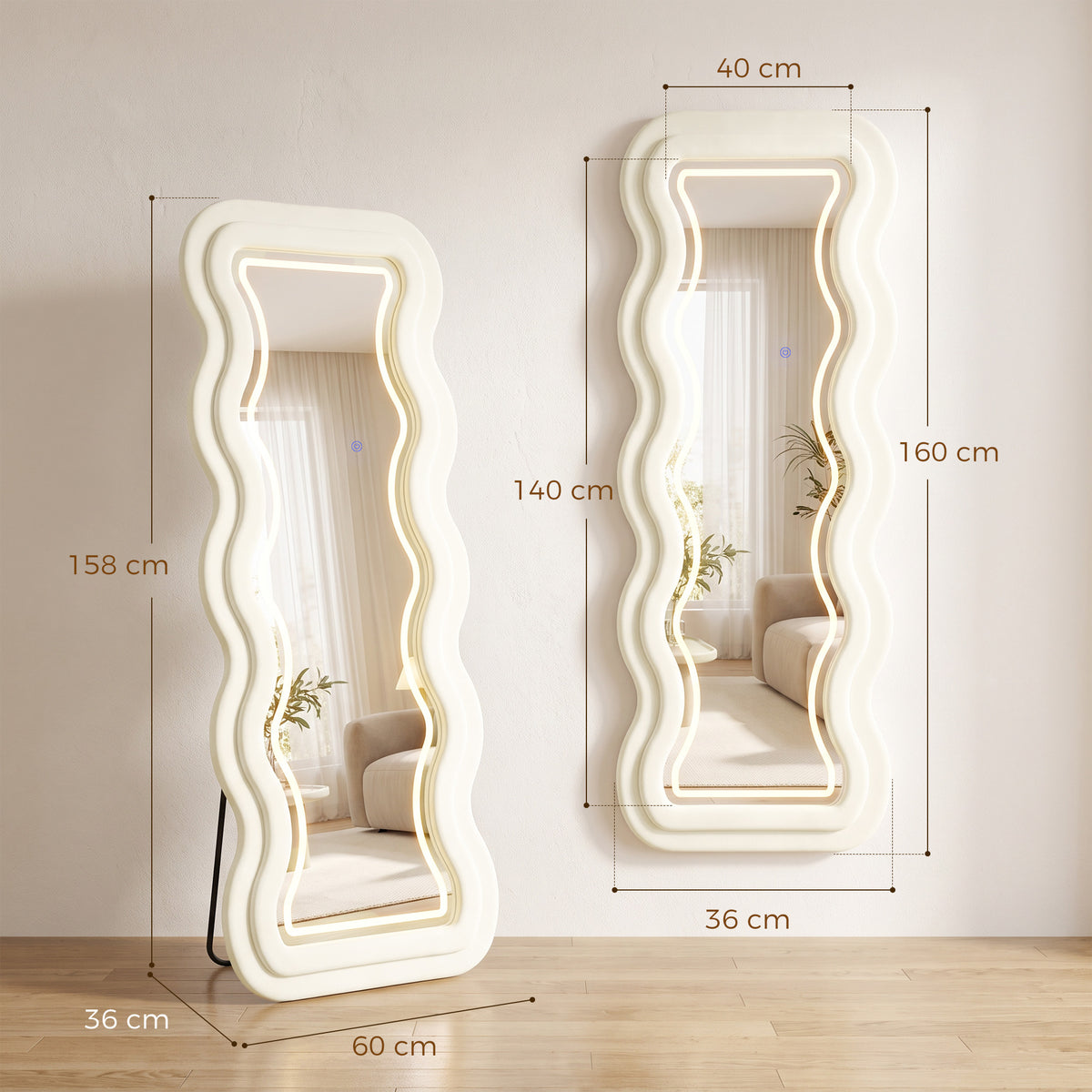 Full Length Mirror, 160 x 60 cm Velvet Wall Standing Mirror, Cream
