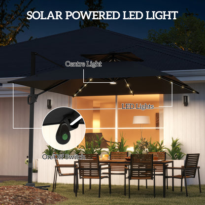 3.5m Aluminium Cantilever Parasol w/ LED Lights Crank Tilt UV50+ Black