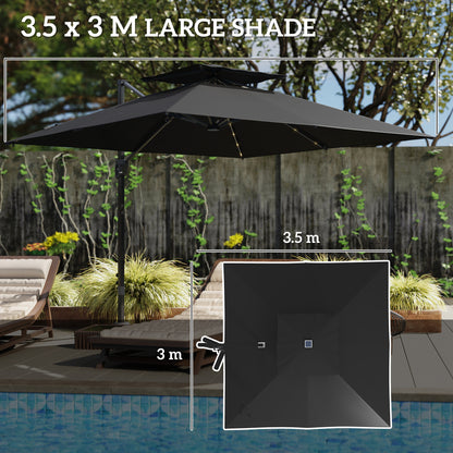3.5m Aluminium Cantilever Parasol w/ LED Lights Crank Tilt UV50+ Black