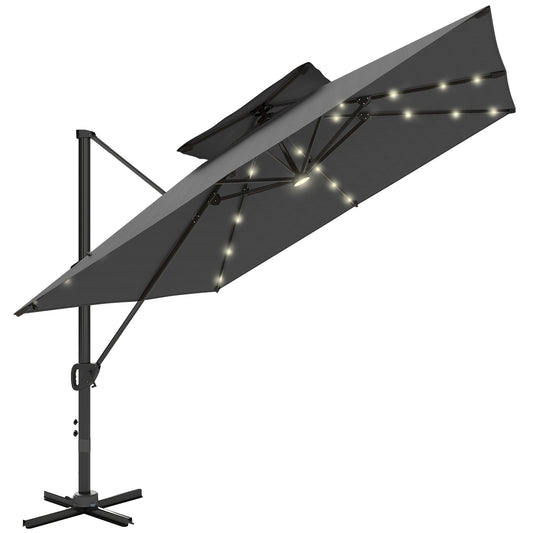 3.5m Aluminium Cantilever Parasol w/ LED Lights Crank Tilt UV50+ Black