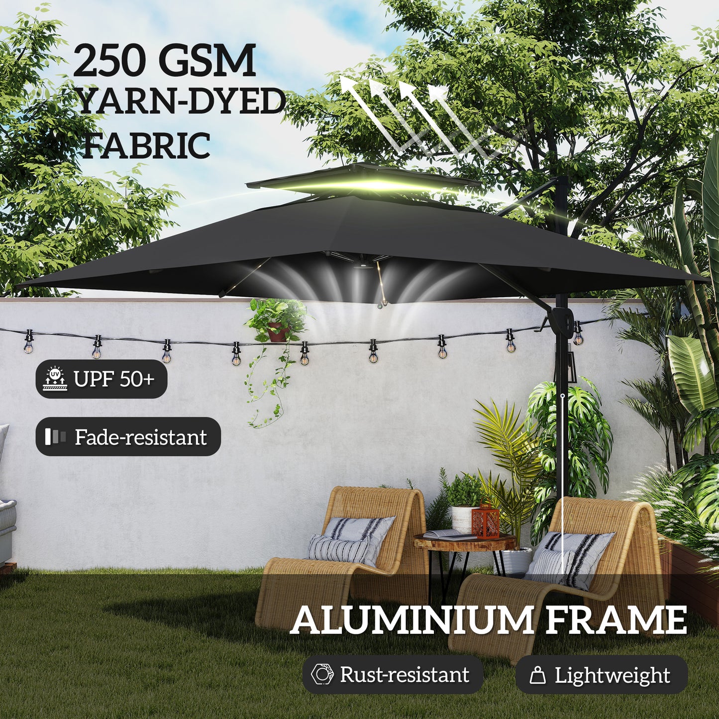 3.5m Aluminium Cantilever Parasol w/ LED Lights Crank Tilt UV50+ Black